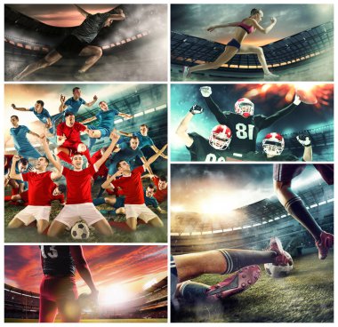 Saldırıda karşı konulamaz. Çok spor futbol, Amerikan futbol oyuncuları hakkında kolaj ve çalışan kadın ve adam uygun. Sporcular kum ile Stadyumu'nda hareket veya hareket çalışan ile kavramsal fotoğraf