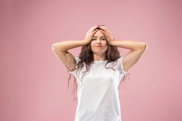 Woman Having Headache Isolated Pink Background Businesswoman Standing Pain Isolated — Stock Photo, Image