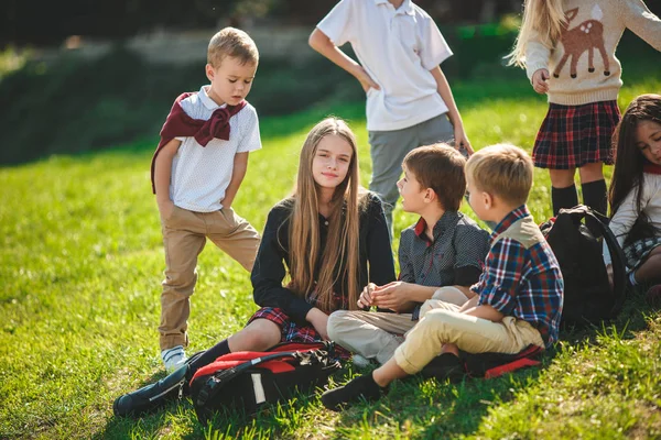 Un gruppo di bambini in età scolare e prescolare siede sull'erba verde del parco . — Foto Stock