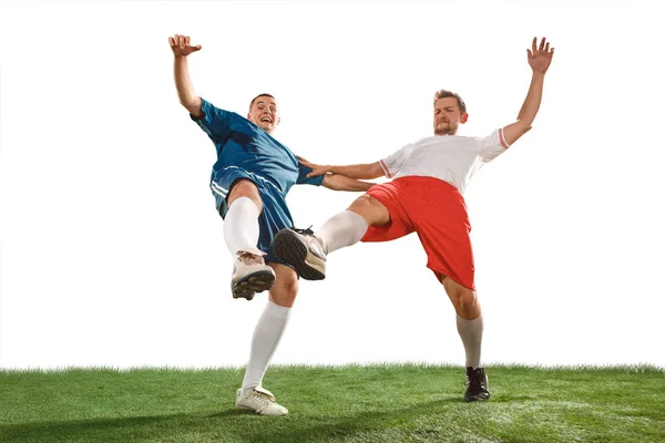 Football players tackling for the ball over white background