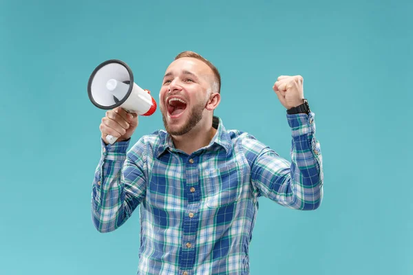 Man making announcement with megaphone — Stock Photo, Image