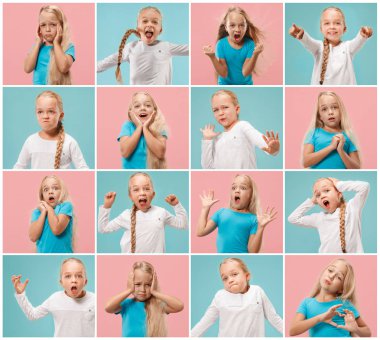 Farklı insan yüz ifadeleri, duygu ve duygu genç genç kız, kolaj.