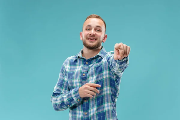 The happy business man point you and want you, half length closeup portrait on pink background.