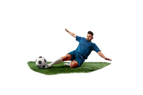 Football-speler aan te pakken voor de bal op witte achtergrond — Stockfoto