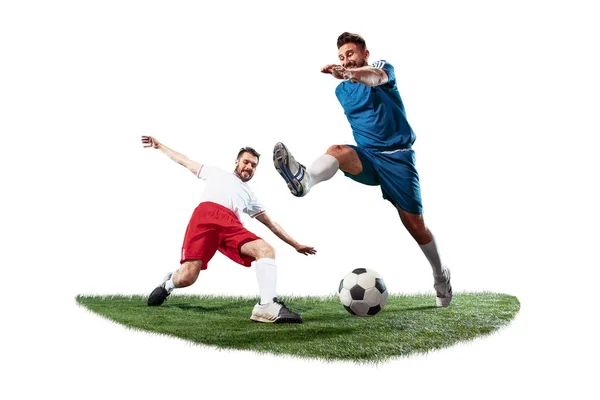 在白色的背景处理球的足球运动员 — 图库照片