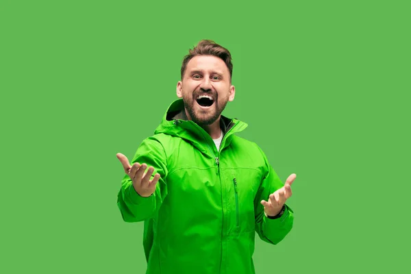 Handsome bearded young man looking at camera isolated on green — Stock Photo, Image