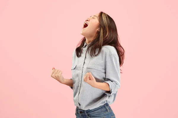 Winning success woman happy ecstatic celebrating being a winner. Dynamic energetic image of female model — Stock Photo, Image