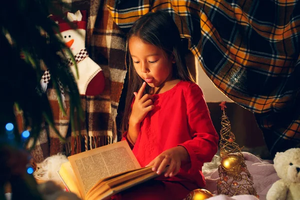 Ευτυχισμένος κορίτσι διαβάζοντας ένα βιβλίο το χειμώνα — Φωτογραφία Αρχείου