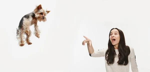 Mulher com seu cão na trela sobre fundo branco — Fotografia de Stock