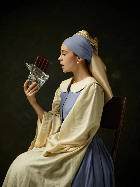 Středověká Žena Historické Kostýmy Sobě Korzet Šaty Klobouk Krásná Vesnická — Stock fotografie
