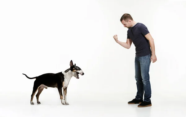 Emocjonalne portret człowieka i jego pies spekulować na zwyżkę Terier, pojęcie przyjaźni i troska o człowieka i zwierząt — Zdjęcie stockowe