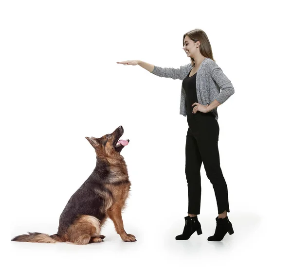 Mulher com seu cão sobre fundo branco — Fotografia de Stock