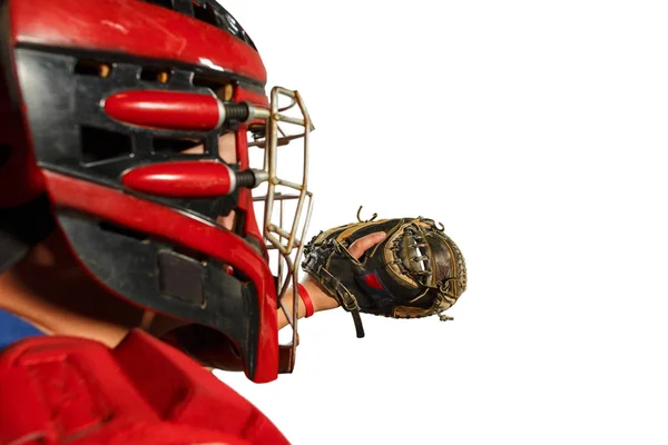 Un jugador de béisbol caucásico jugando en silueta de estudio aislado sobre fondo blanco — Foto de Stock