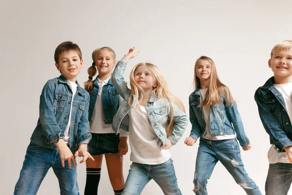 Portrait Cute Little Kids Boy Girls Stylish Jeans Clothes Looking Stock Photo