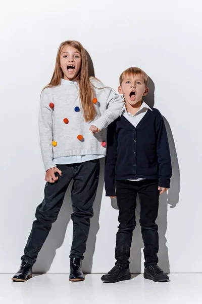 O retrato de menino e menina bonito em roupas de jeans elegantes olhando para a câmera no estúdio — Fotografia de Stock