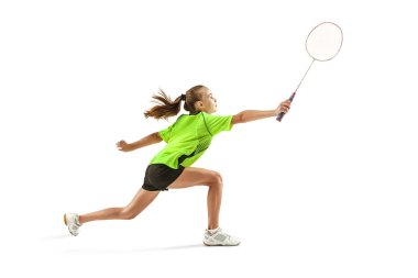 Beyaz arka plan üzerinde izole Badminton oyuncu oynarken bir beyaz genç genç kız kadın
