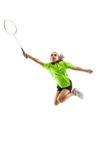 Un caucásico joven adolescente chica jugando bádminton jugador aislado en blanco fondo — Foto de Stock