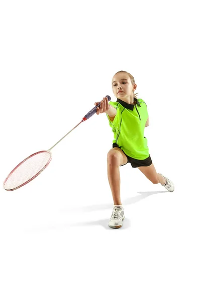 Jeden bělošský mladý teenager dívka žena hrající badmintonistka izolovaných na bílém pozadí — Stock fotografie