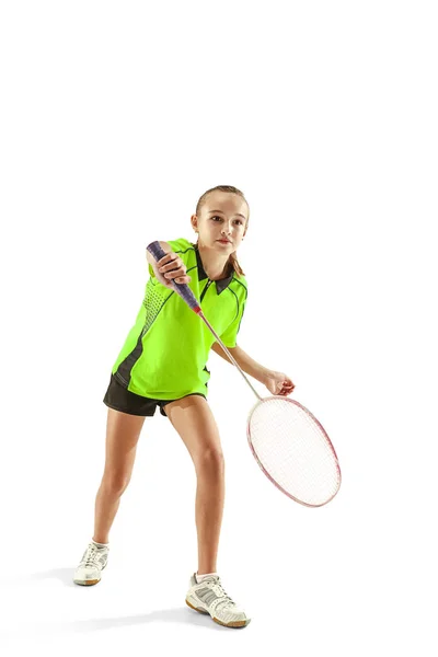 En kaukasisk ung tonåring tjej kvinna som spelar badmintonspelare isolerad på vit bakgrund — Stockfoto