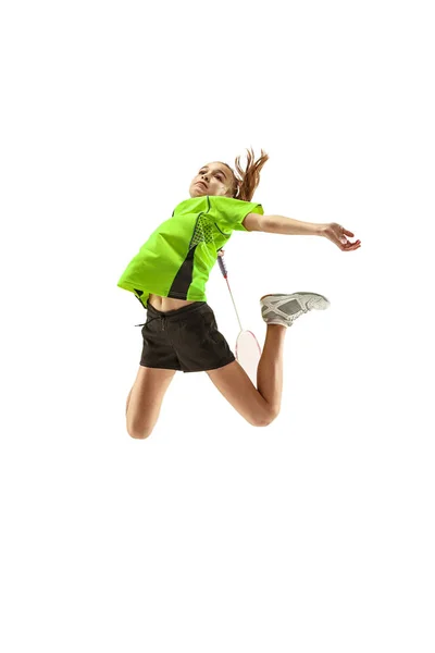 One caucasian young teenager girl woman playing Badminton player isolated on white background — Stock Photo, Image