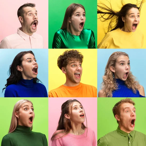 The woman and man screaming with open mouth isolated on yellow background, concept face emotion — Stock Photo, Image