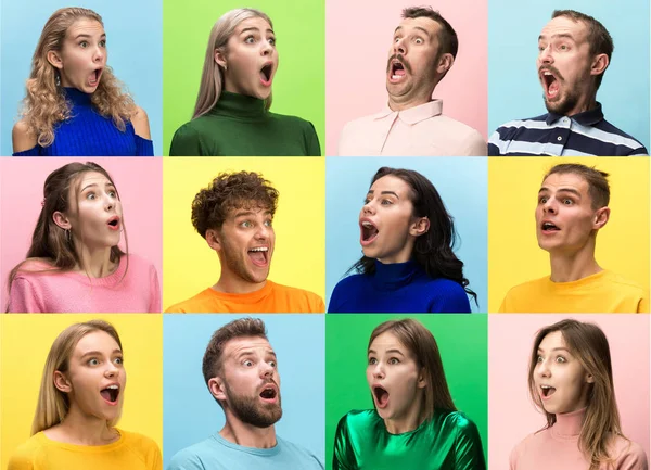 Žena a muž s křikem otevřít ústa izolované na žlutém pozadí, koncept tvář emoce — Stock fotografie