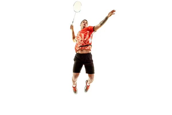 Unga manliga badmintonspelare över vit bakgrund — Stockfoto