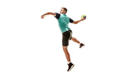 The one caucasian young man as handball player at studio on white background clipart
