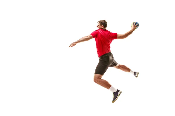 El único joven caucásico como jugador de balonmano en el estudio sobre fondo blanco — Foto de Stock