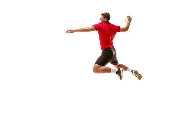 El único joven caucásico como jugador de balonmano en el estudio sobre fondo blanco — Foto de Stock