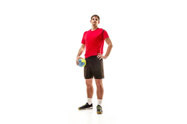 The one caucasian young man as handball player at studio on white background — Stock Photo, Image