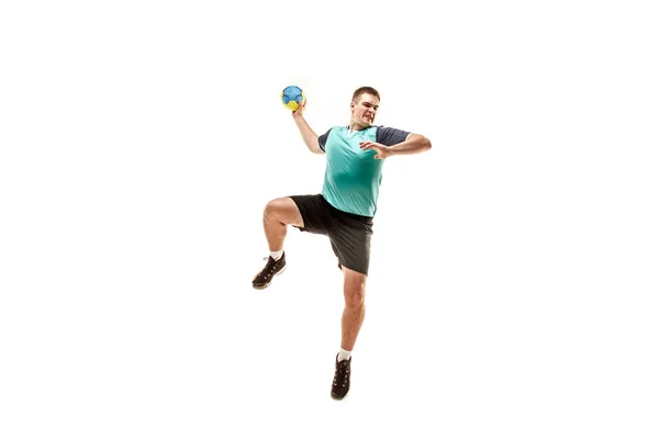 The one caucasian young man as handball player at studio on white background — Stock Photo, Image