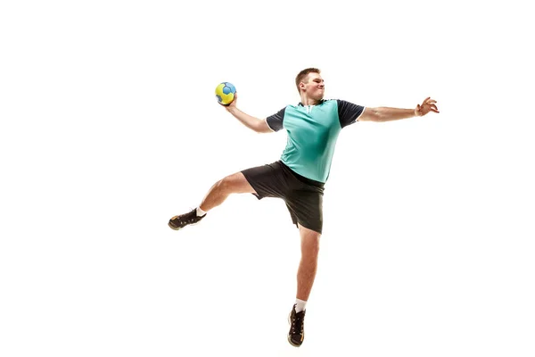 The one caucasian young man as handball player at studio on white background — Stock Photo, Image