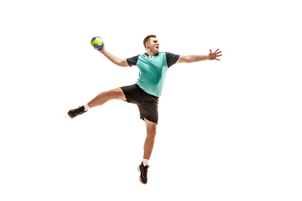 Fit Kaukasische Jonge Mannelijke Handbalspeler Studio Een Witte Achtergrond Fit — Stockfoto