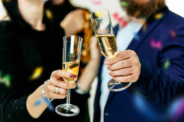 Celebration. Hands holding the glasses of champagne and wine making a toast. — Stock Photo, Image