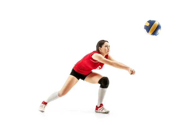 Vrouwelijke professionele volleyballer geïsoleerd op wit — Stockfoto