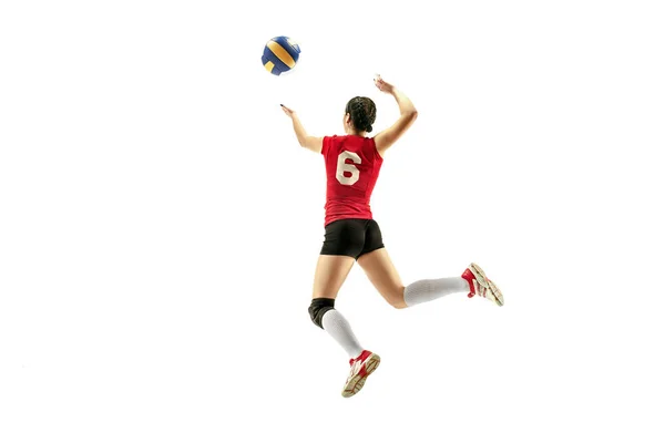 Vrouwelijke professionele volleyballer geïsoleerd op wit — Stockfoto