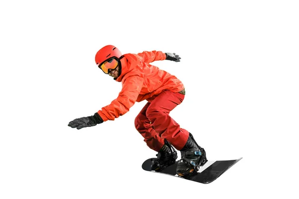 Retrato de un joven en ropa deportiva con snowboard aislado sobre un fondo blanco . — Foto de Stock