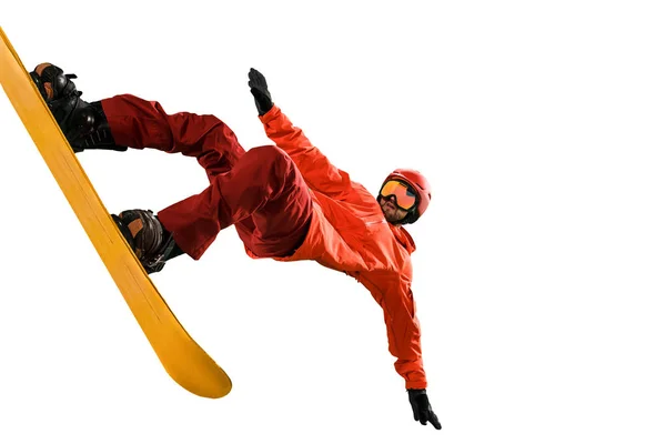 Porträtt av ung man i sportkläder med snowboard isolerad på en vit bakgrund. — Stockfoto