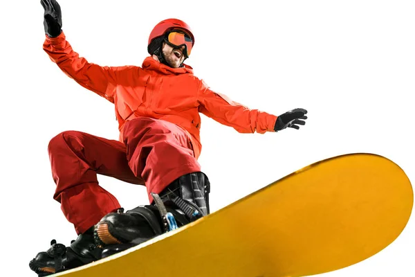 Portré, fiatal férfi sportruházat, snowboard elszigetelt fehér background. — Stock Fotó