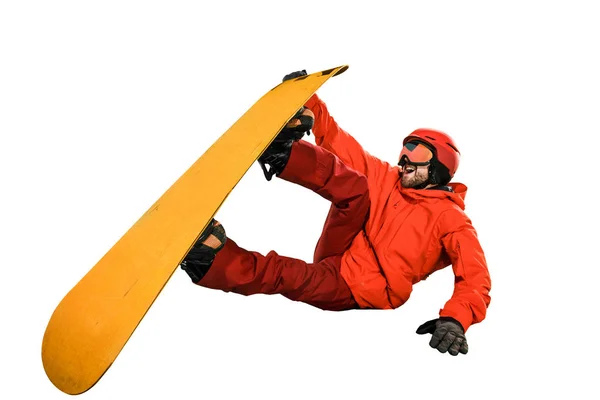 Portrait of young man in sportswear with snowboard isolated on a white background.