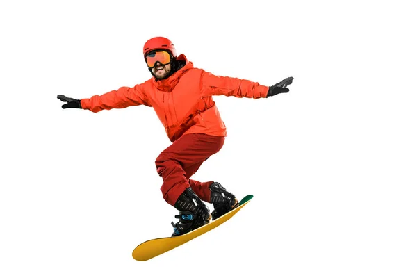 Porträt eines jungen Mannes in Sportbekleidung mit Snowboard auf weißem Hintergrund. — Stockfoto