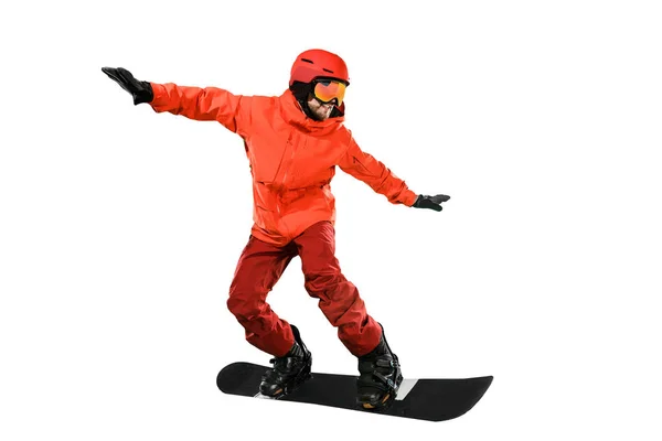 Porträt eines jungen Mannes in Sportbekleidung mit Snowboard auf weißem Hintergrund. — Stockfoto