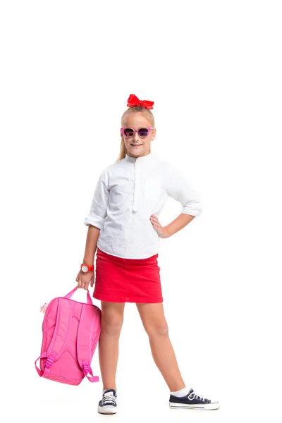 Full length portrait of cute little kid in stylish sunglasses looking at camera and smiling — Stock Photo, Image