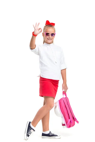 Full length portrait of cute little kid in stylish sunglasses looking at camera and smiling — Stock Photo, Image