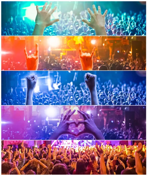 Rock koncert, boldog emberek sziluettjei, akik felemelik a kezüket — Stock Fotó