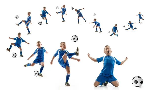 Young boy with soccer ball doing flying kick — Stock Photo, Image