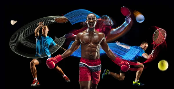 Ataque. collage deportivo sobre jugadores de bádminton, tenis, boxeo y tenis de mesa —  Fotos de Stock