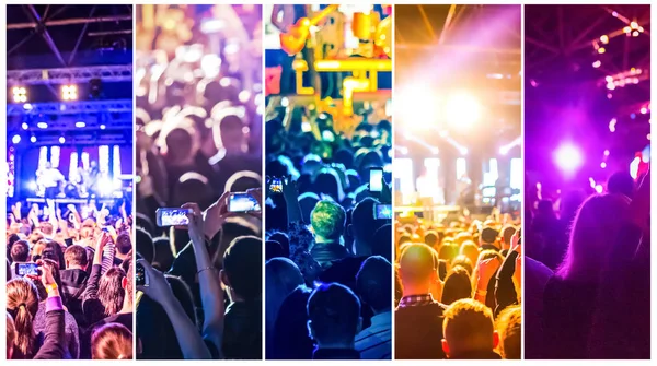 Rockkonsert, silhuetter av glada människor upp med händerna — Stockfoto