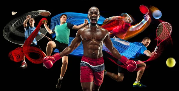Attacco. Collage sportivo su badminton, tennis, pugilato e giocatori di pallamano — Foto Stock